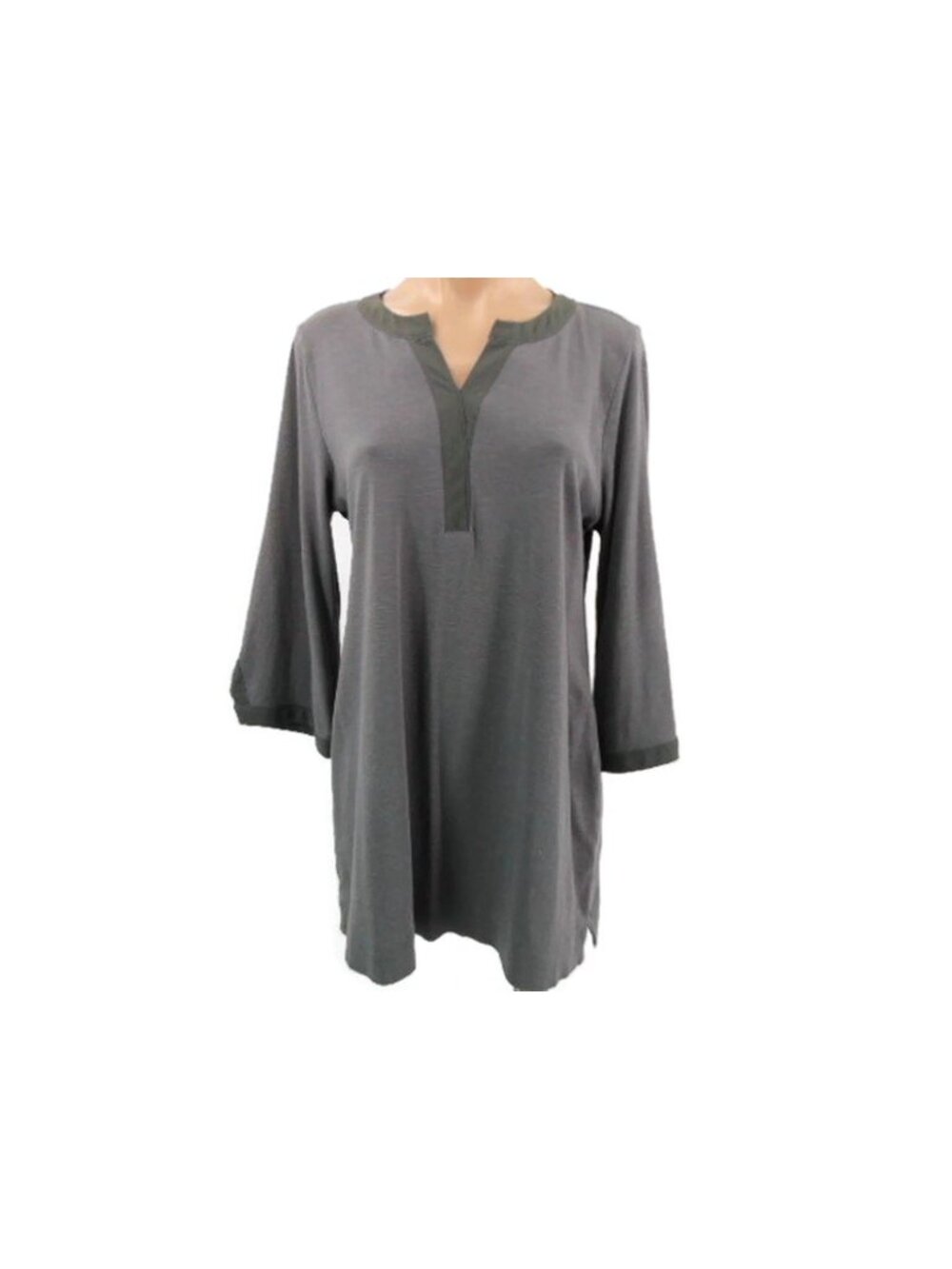 Soft Surroundings Gray Cotton Tunic Top M Banded V Neck Flared Sleeves A Line